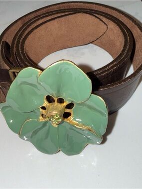 B-Low the Belt Brown Leather Belt with Enameled Green Floral Buckle SZ 32